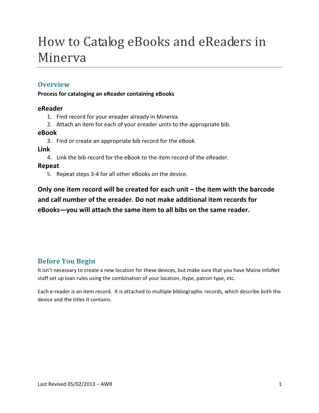 Cataloging Ereaders in Minerva