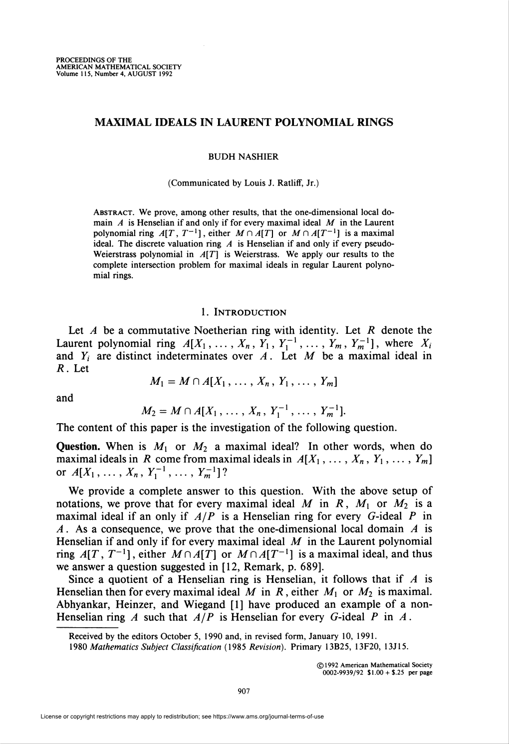 MAXIMAL IDEALS in LAURENT POLYNOMIAL RINGS R. Let and Or A[Xx,...,Xn,Yx-X,...,Y-Xr