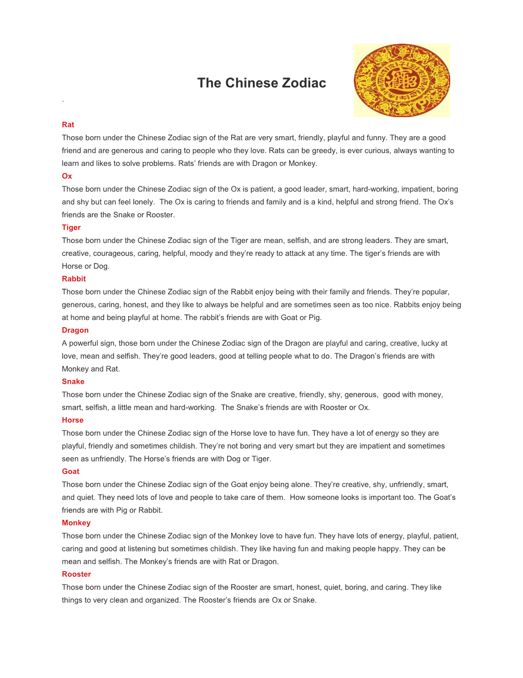 The Chinese Zodiac