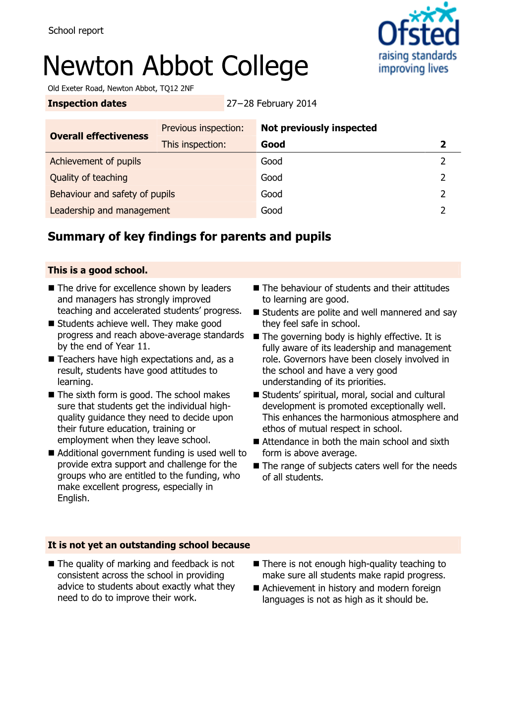 Newton Abbot College Old Exeter Road, Newton Abbot, TQ12 2NF Inspection Dates 27 −28 February 2014