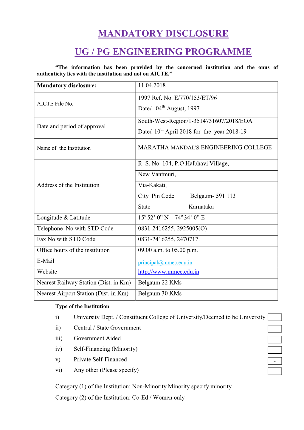 Mandatory Disclosure Ug / Pg Engineering Programme