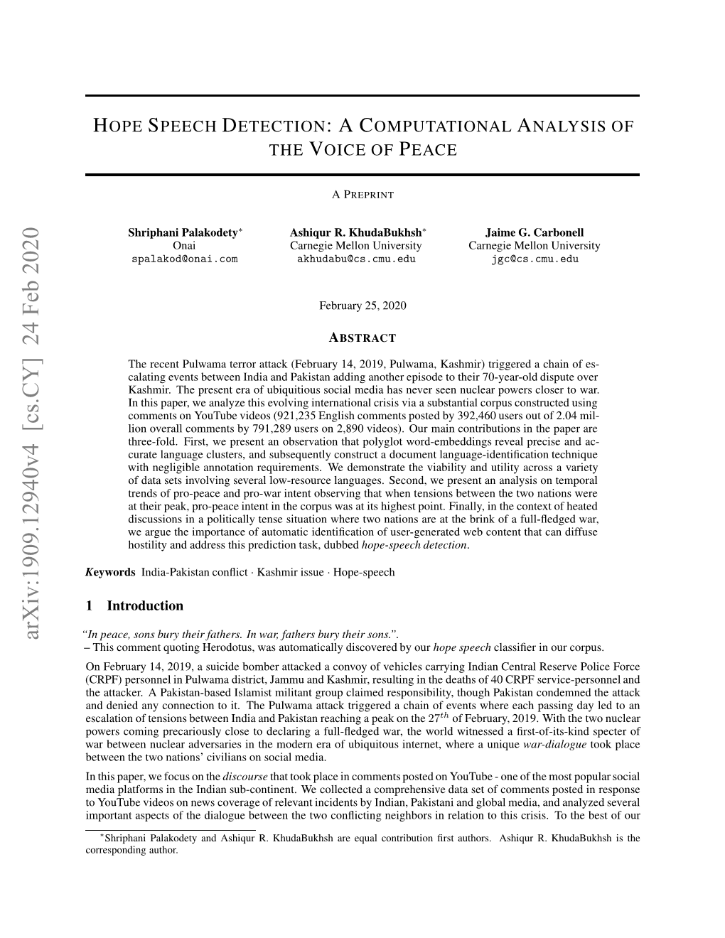 Hope Speech Detection:Acomputational Analysis Of