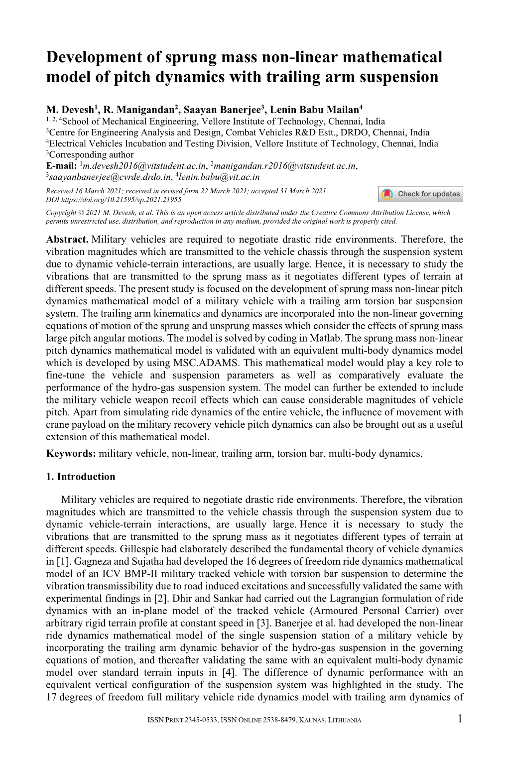 Development of Sprung Mass Non-Linear Mathematical Model of Pitch Dynamics with Trailing Arm Suspension