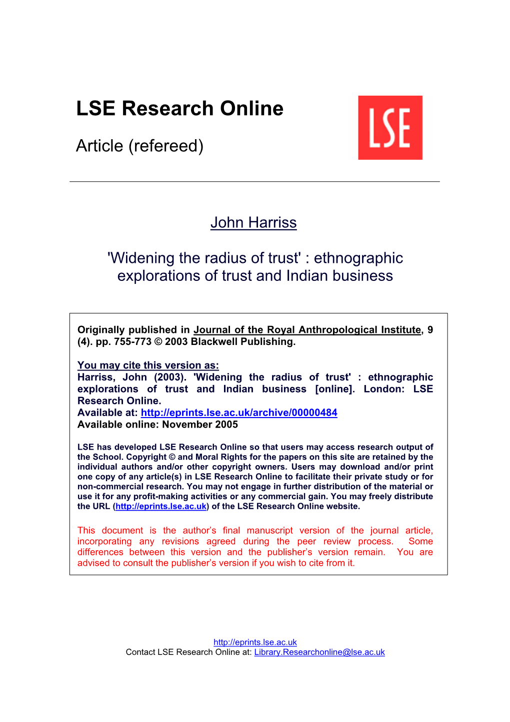 Ethnographic Explorations of Trust and Indian Business