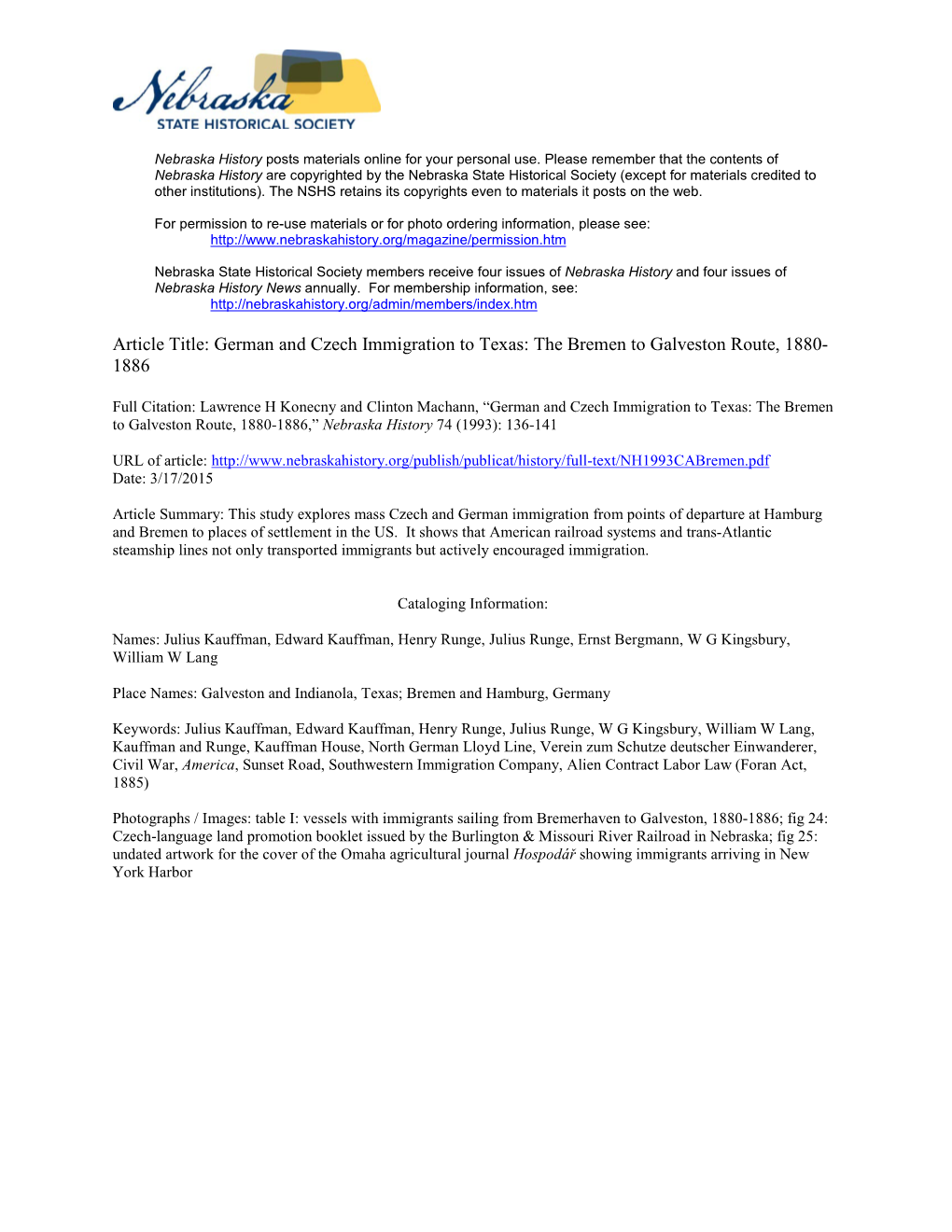 Article Title: German and Czech Immigration to Texas: the Bremen to Galveston Route, 1880- 1886