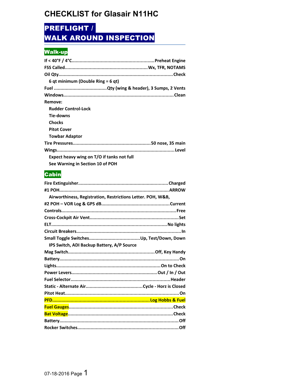 CHECKLIST for Glasair N11HC