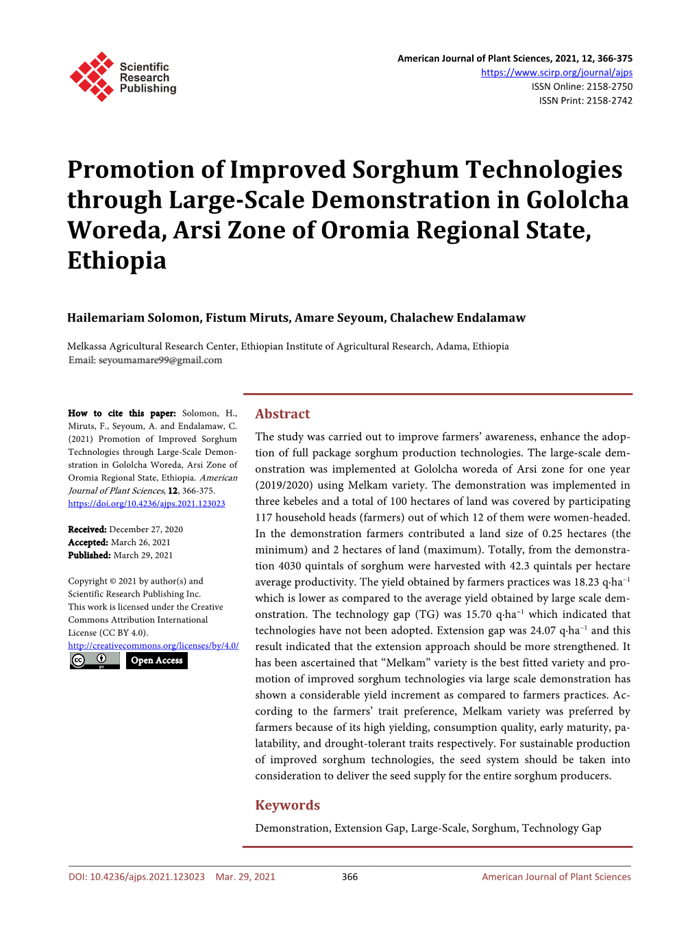 Promotion of Improved Sorghum Technologies Through Large-Scale Demonstration in Gololcha Woreda, Arsi Zone of Oromia Regional State, Ethiopia