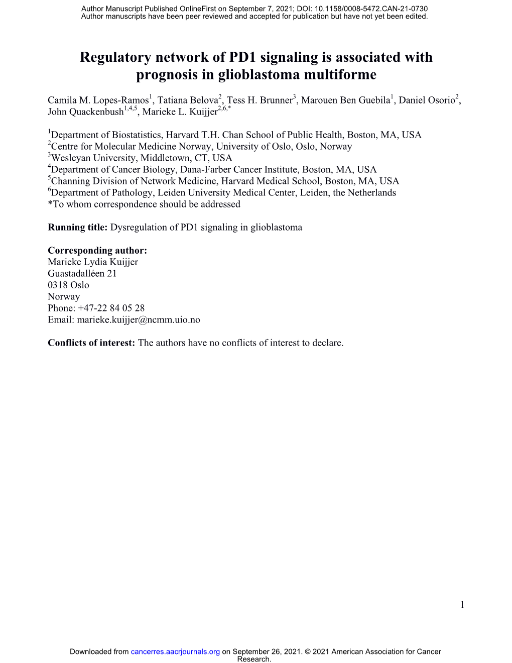 Regulatory Network of PD1 Signaling Is Associated with Prognosis in Glioblastoma Multiforme