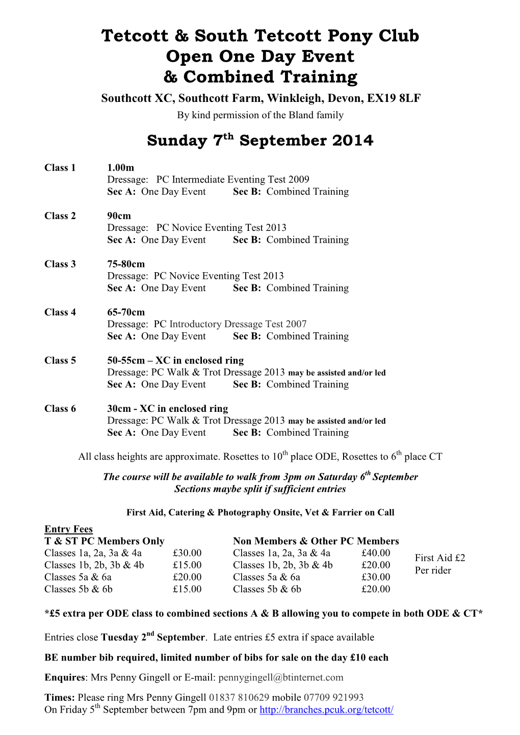 Tetcott & South Tetcott Pony Club Open One Day Event & Combined