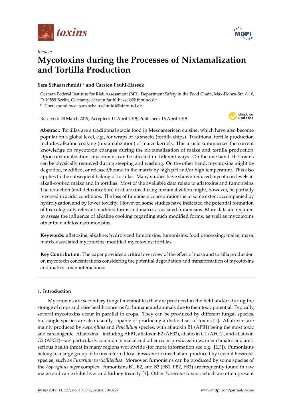 Mycotoxins During the Processes of Nixtamalization and Tortilla Production