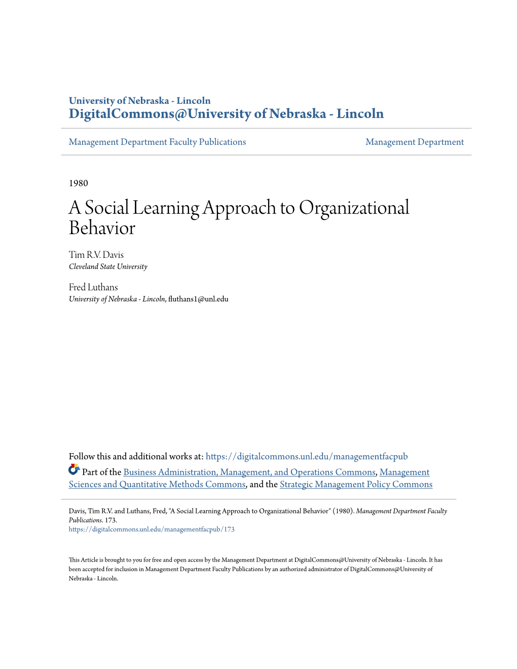 A Social Learning Approach to Organizational Behavior Tim R.V