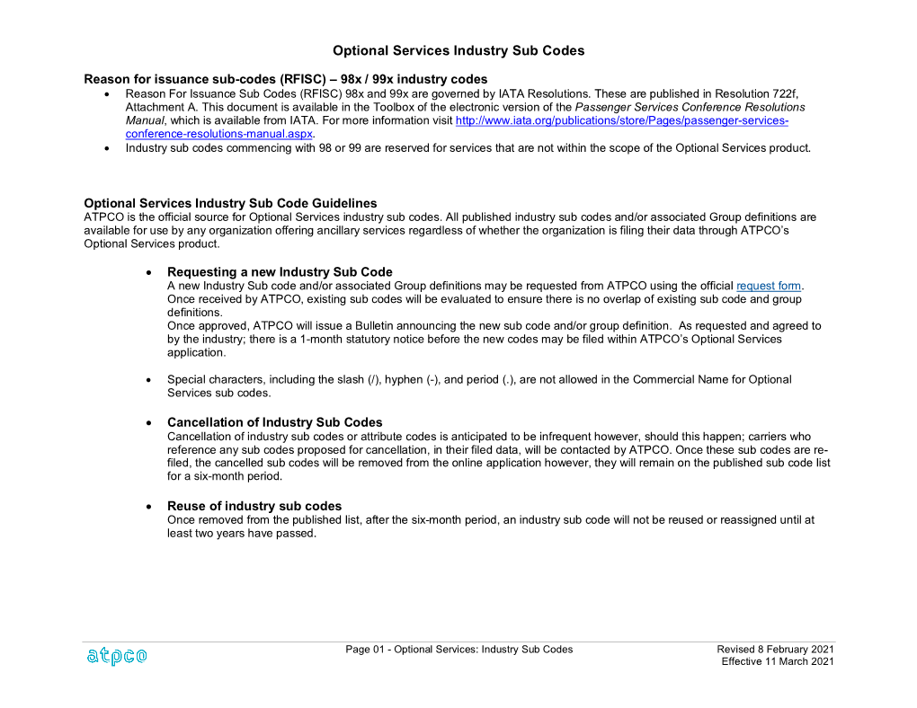 ATPCO Optional Services Industry Sub Codes