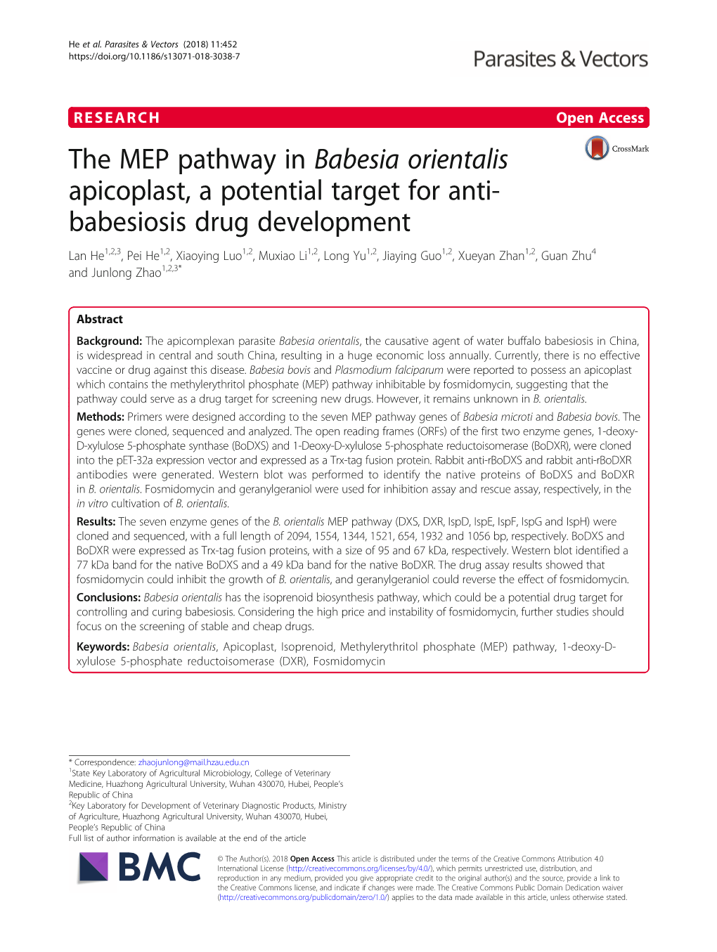 The MEP Pathway in Babesia Orientalis Apicoplast, a Potential