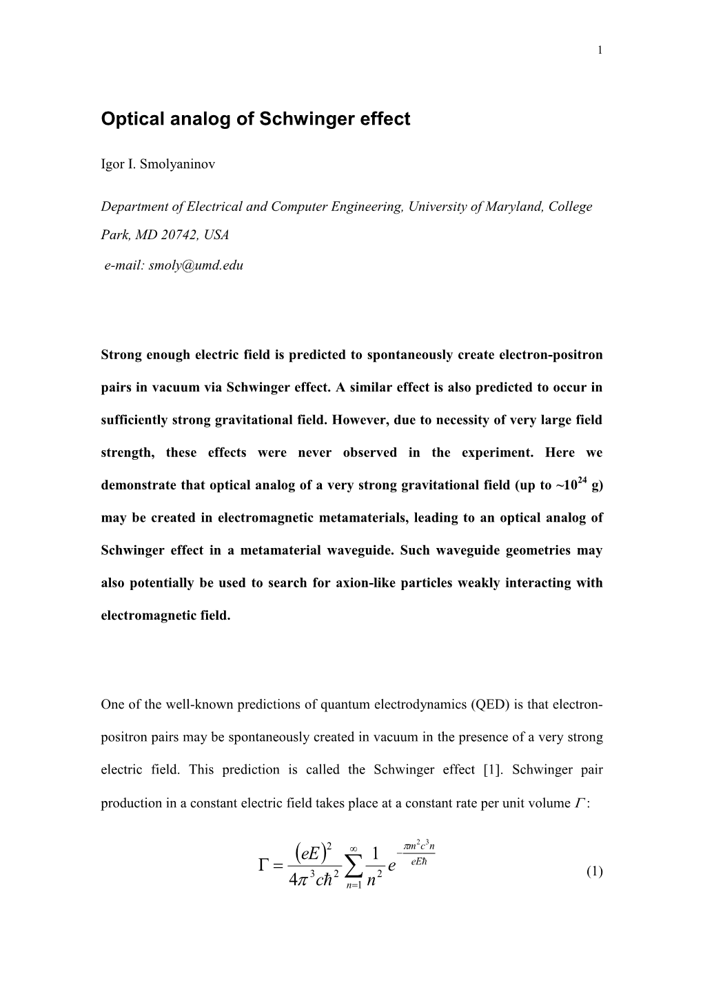 Optical Analog of Schwinger Effect