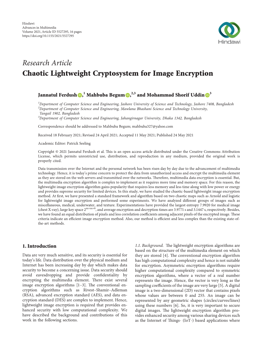 Chaotic Lightweight Cryptosystem for Image Encryption