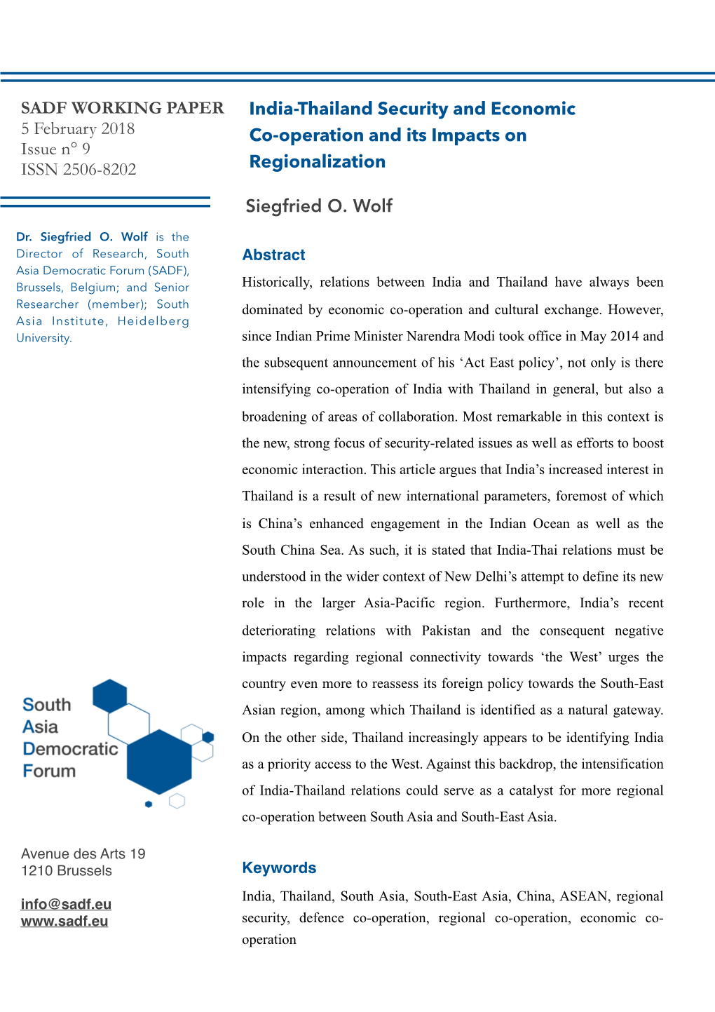 India-Thailand Security and Economic Co-Operation and Its Impacts On