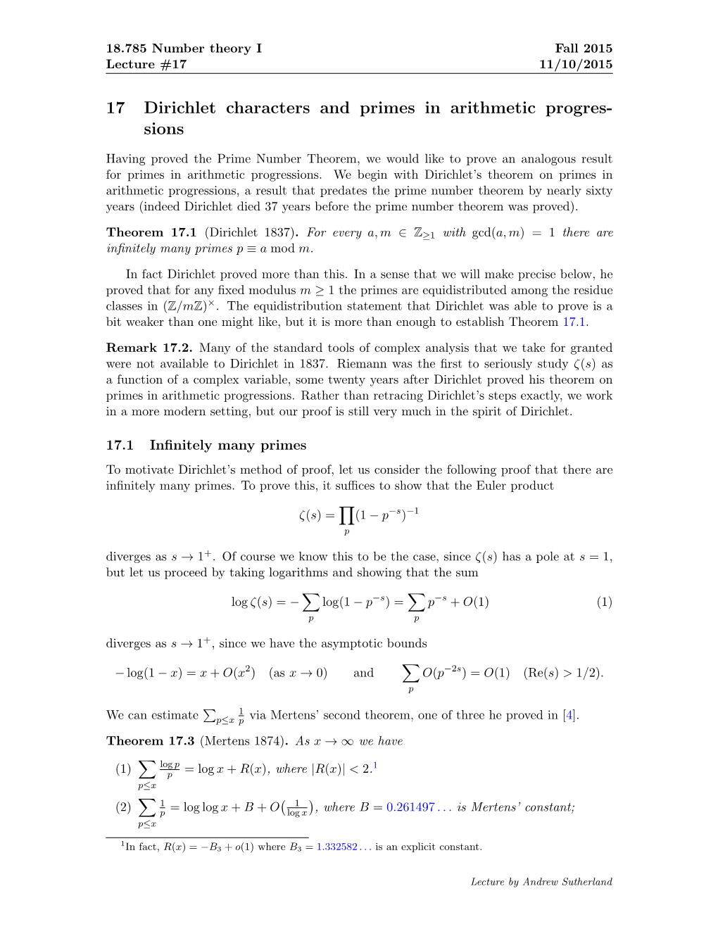 17 Dirichlet Characters and Primes in Arithmetic Progres- Sions