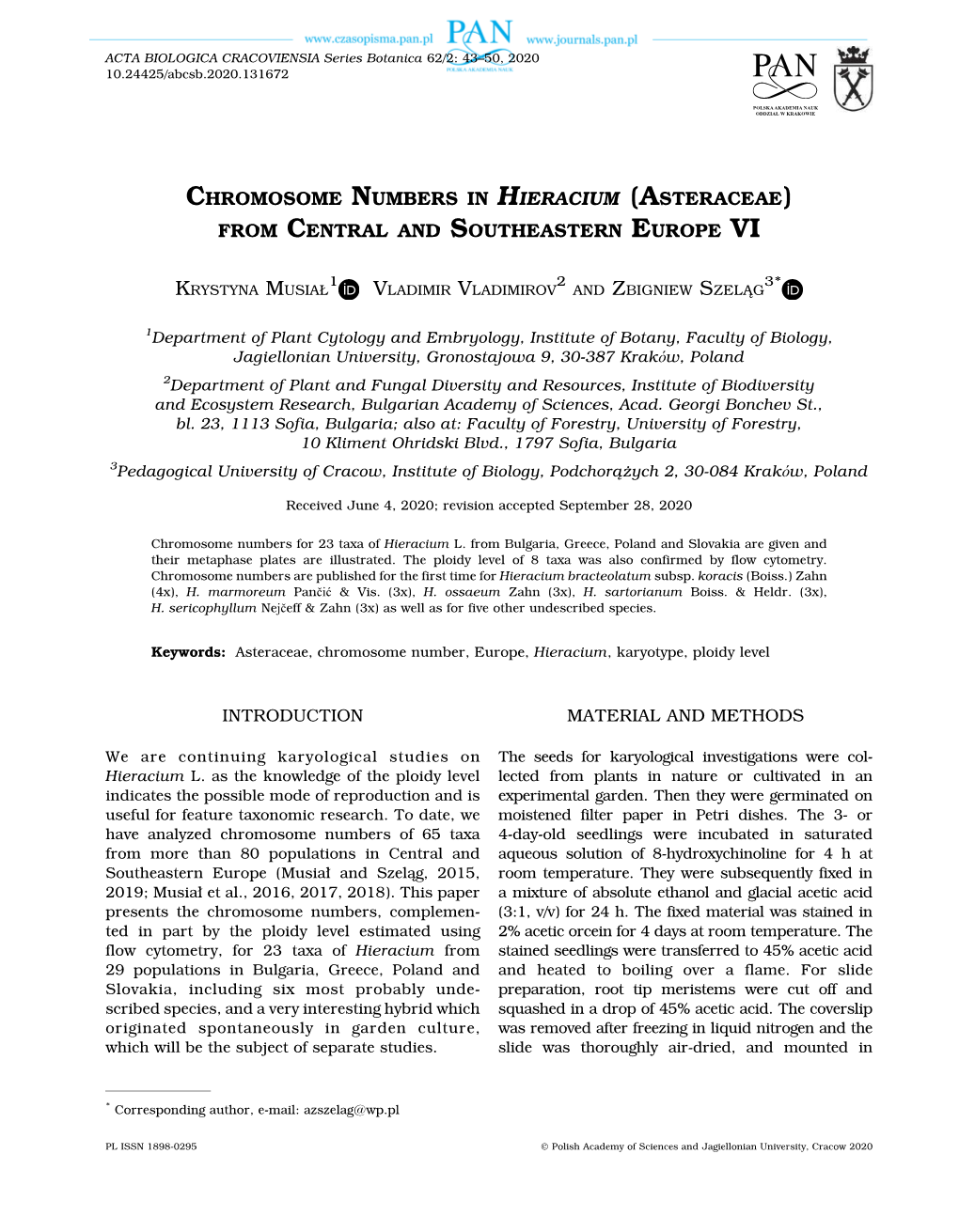 Chromosome Numbers in Hieracium (Asteraceae) from Central and Southeastern Europe Vi