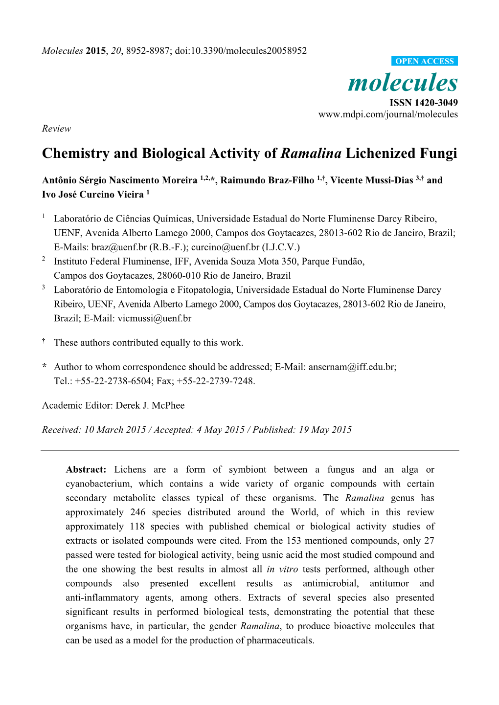 Chemistry and Biological Activity of Ramalina Lichenized Fungi