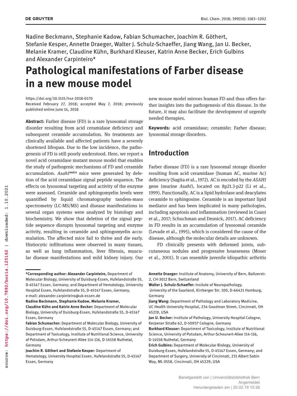 Pathological Manifestations of Farber Disease in a New Mouse Model