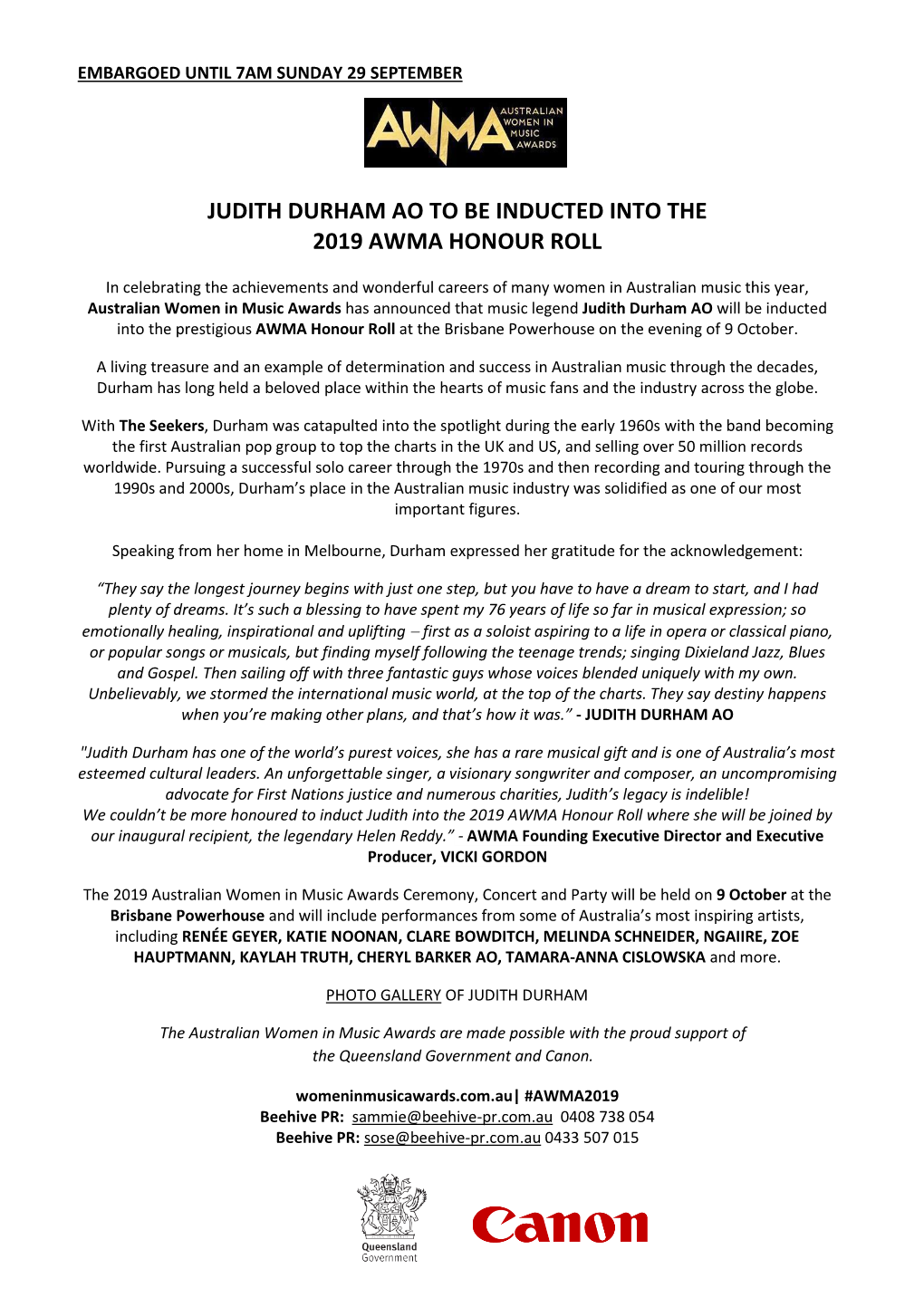 Judith Durham Ao to Be Inducted Into the 2019 Awma Honour Roll