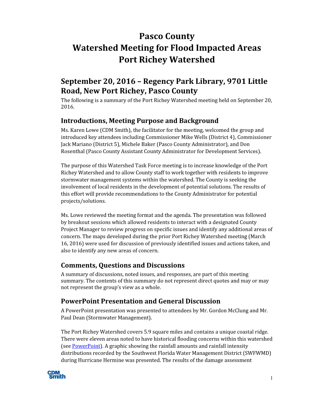Pasco County Watershed Meeting for Flood Impacted Areas Port Richey Watershed