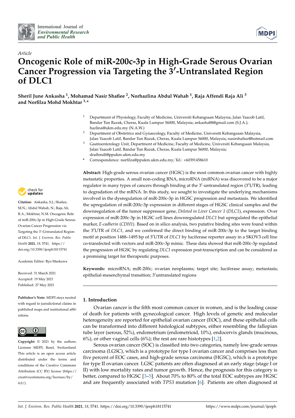 Oncogenic Role of Mir-200C-3P in High-Grade Serous Ovarian Cancer Progression Via Targeting the 30-Untranslated Region of DLC1