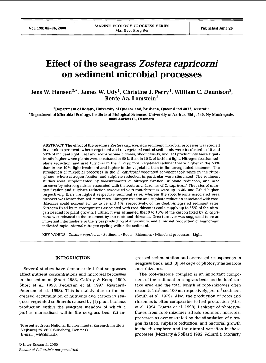 Effect of the Seagrass Zostera Capricorni on Sediment Microbial Processes