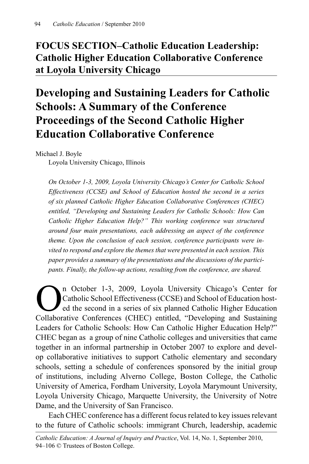 Developing and Sustaining Leaders for Catholic Schools: a Summary of the Conference Proceedings of the Second Catholic Higher Education Collaborative Conference