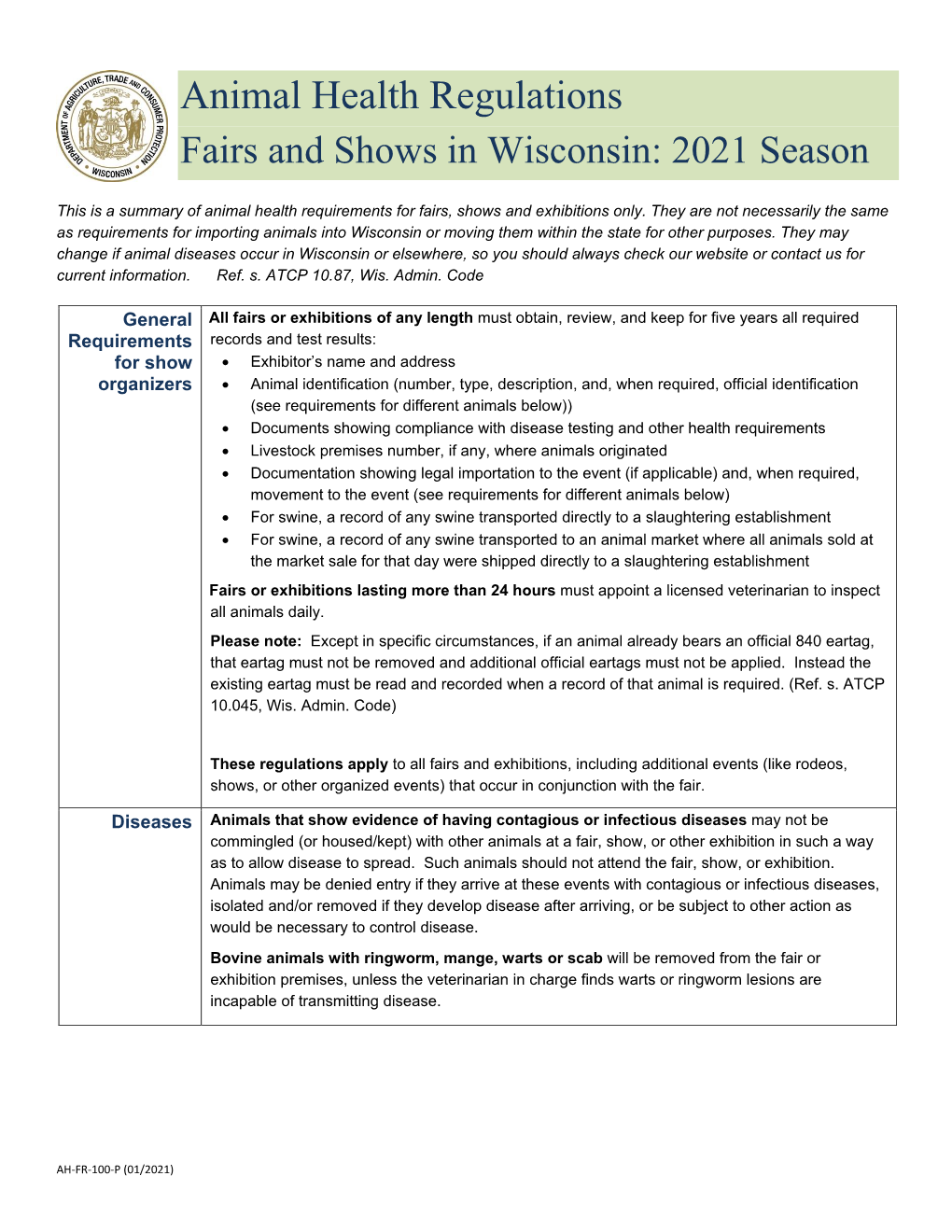 Animal Health Regulations for Fairs and Shows in Wisconsin 2021