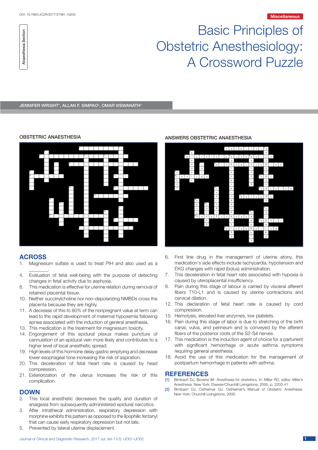 Basic Principles of Obstetric Anesthesiology: a Crossword Puzzle
