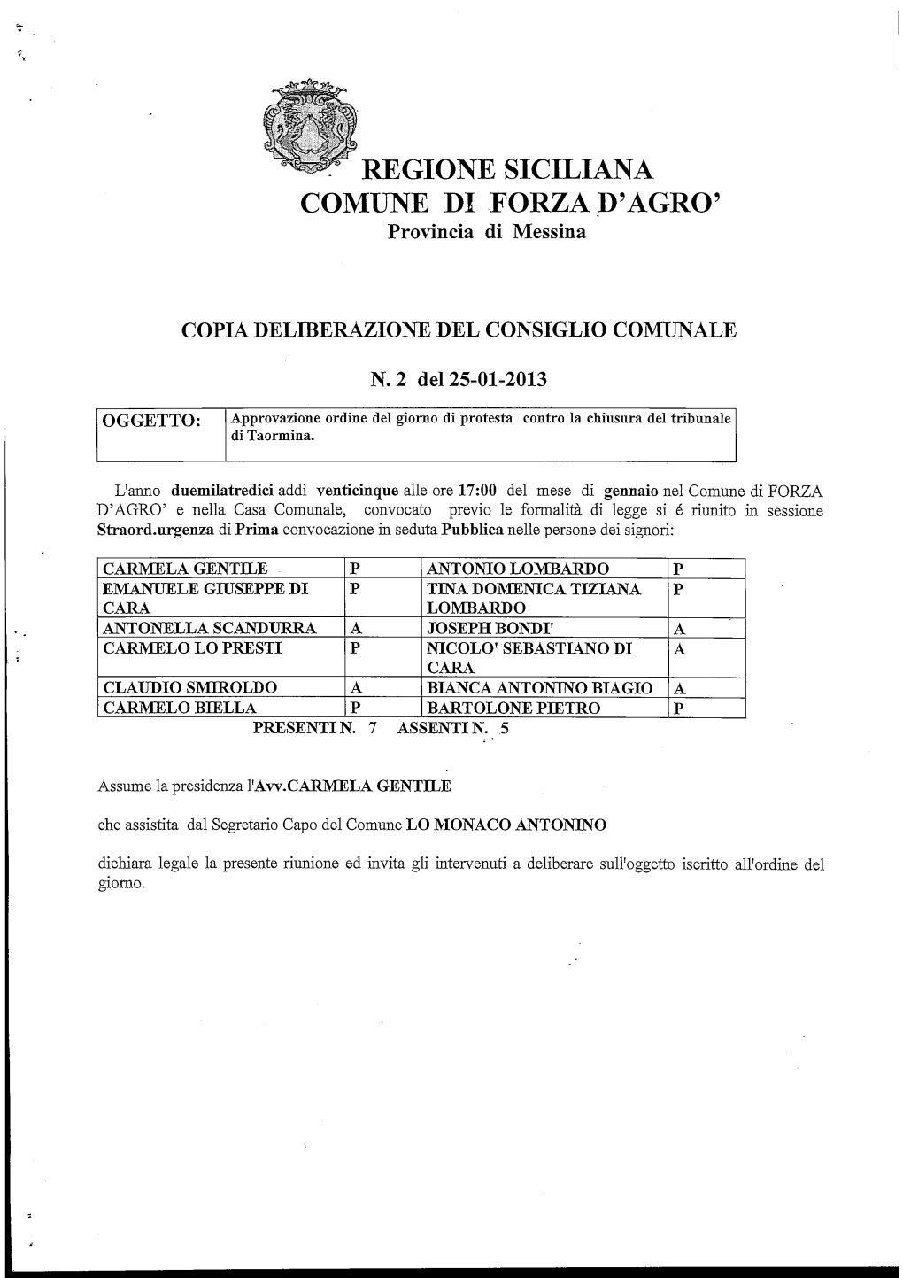 REGIONE SICILIANA COMUNE DI FORZA D'agro' Provincia Di Messina