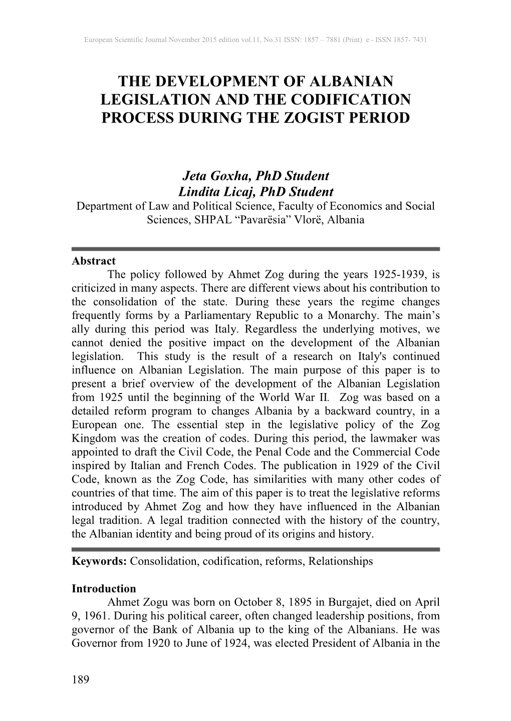 The Development of Albanian Legislation and the Codification Process During the Zogist Period