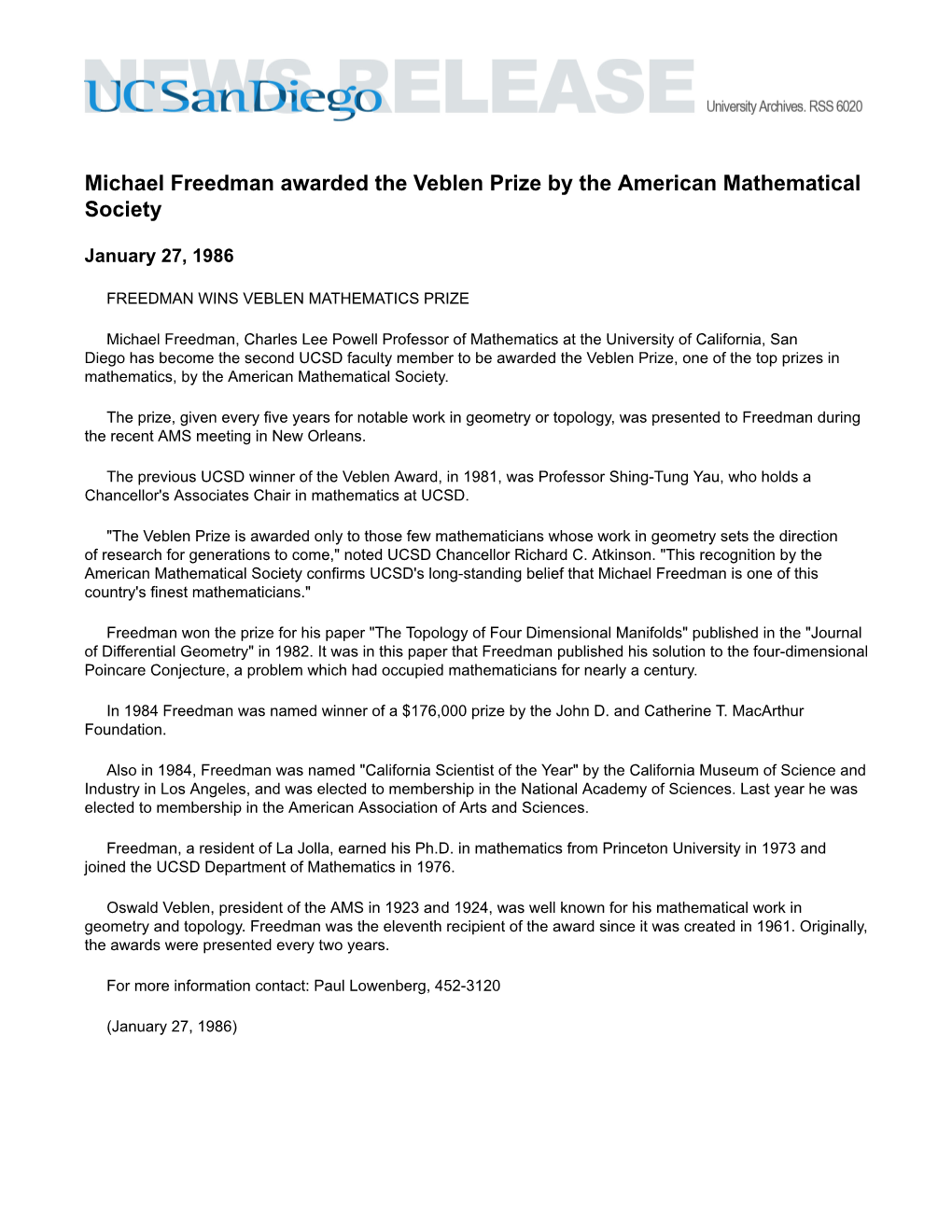 Michael Freedman Awarded the Veblen Prize by the American Mathematical Society