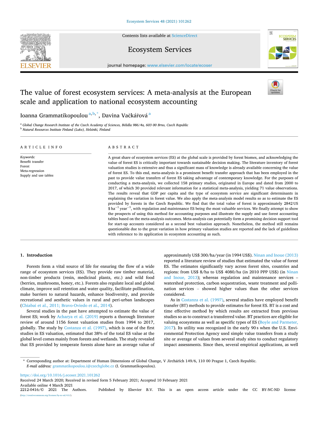 The Value of Forest Ecosystem Services: a Meta-Analysis at the European Scale and Application to National Ecosystem Accounting