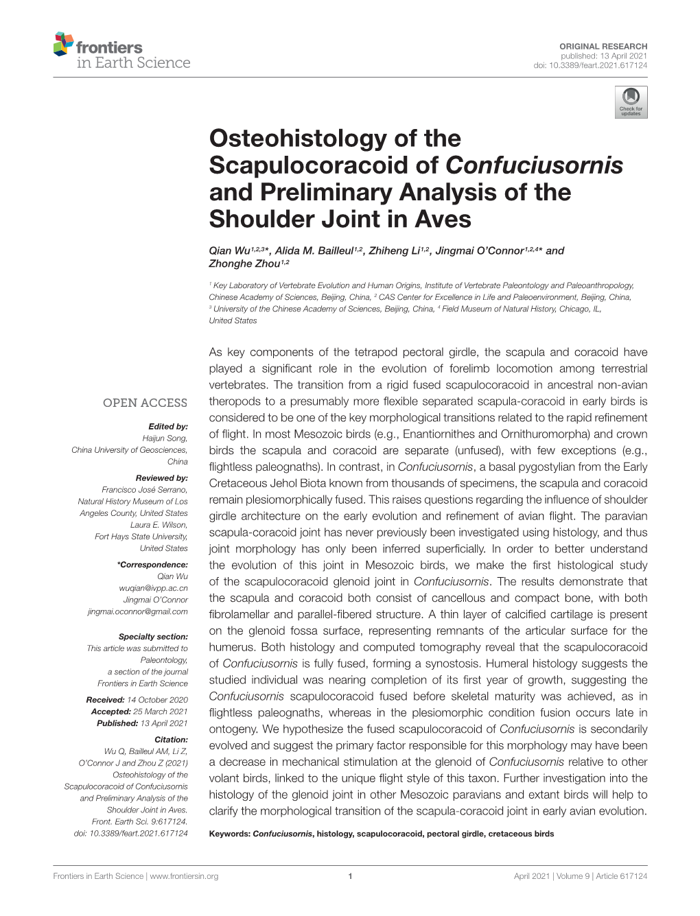 Osteohistology of the Scapulocoracoid of Confuciusornis and Preliminary Analysis of the Shoulder Joint in Aves