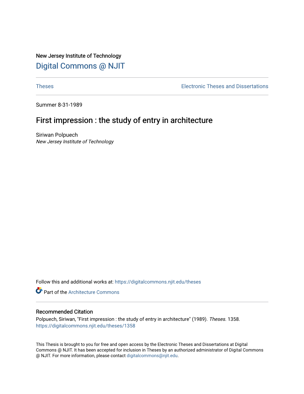 First Impression : the Study of Entry in Architecture