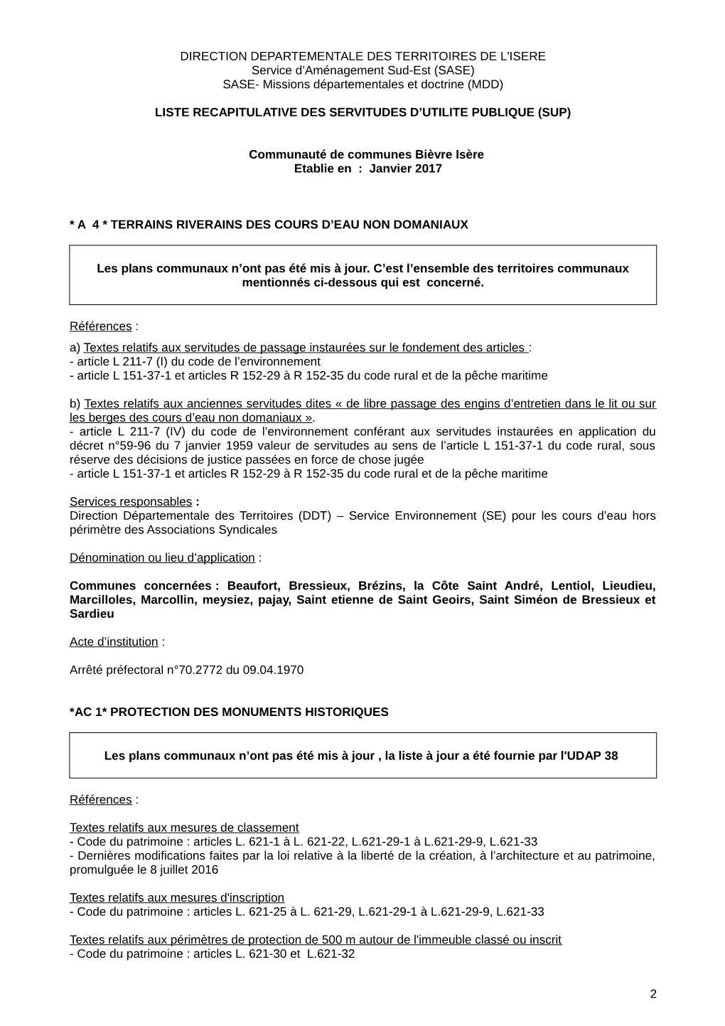 DIRECTION DEPARTEMENTALE DES TERRITOIRES DE L'isere Service D’Aménagement Sud-Est (SASE) SASE- Missions Départementales Et Doctrine (MDD)