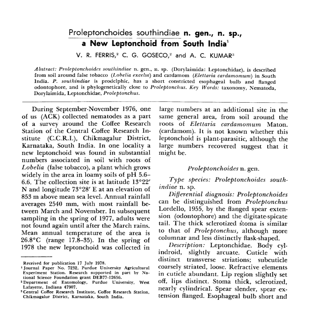 Proleptonchoides Southindiae N. Gen., N. Sp., a New Leptonchoid from South India 1 V