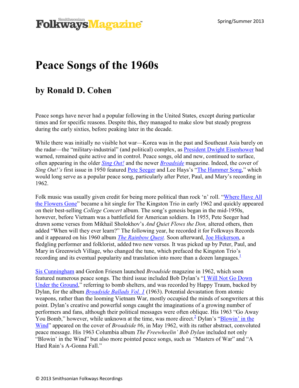 Peace Songs of the 1960S