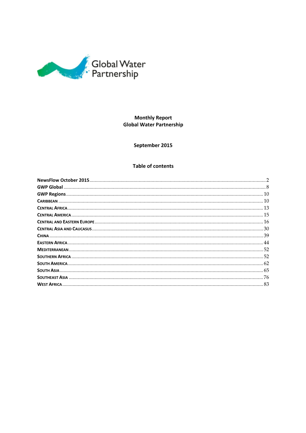 Monthly Report Global Water Partnership September 2015 Table