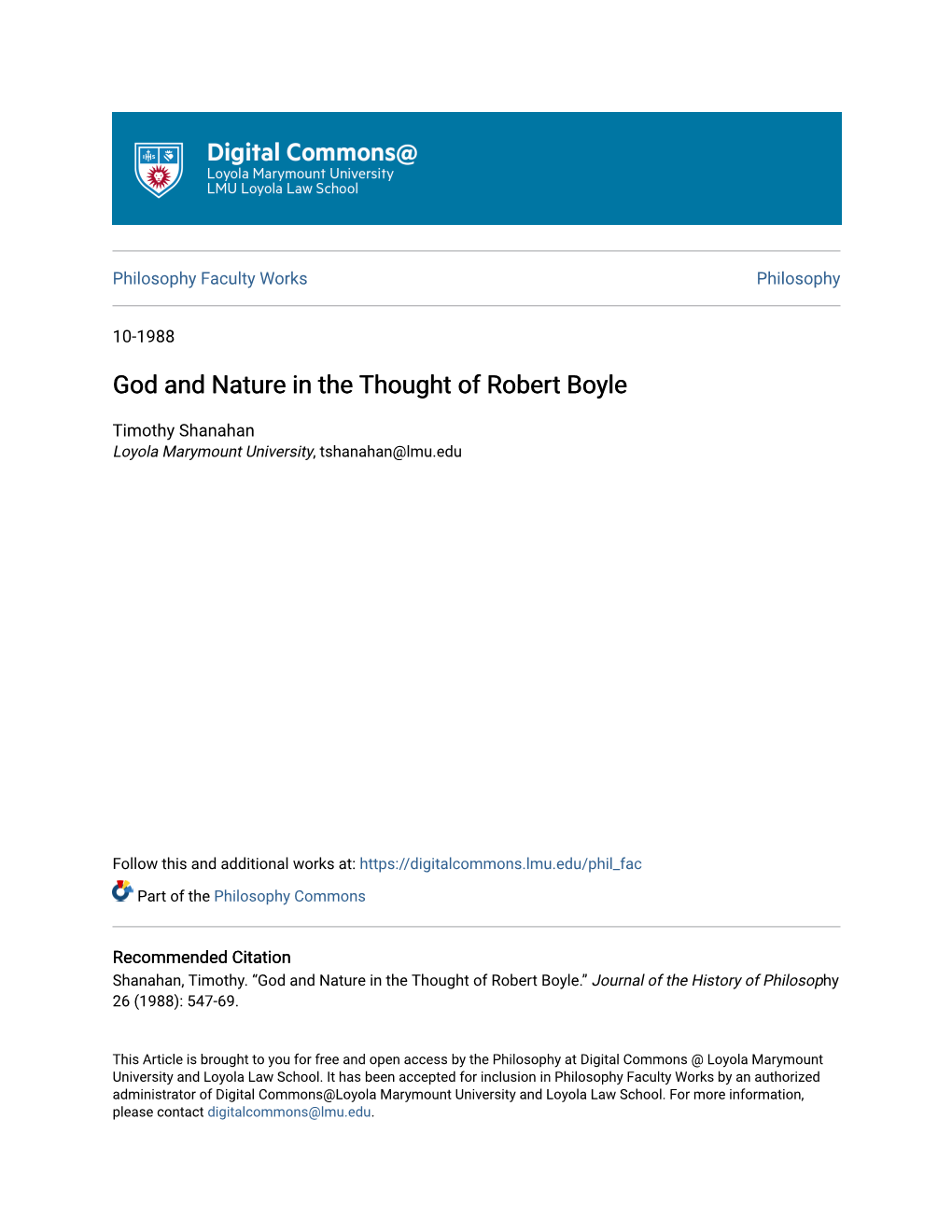 God and Nature in the Thought of Robert Boyle