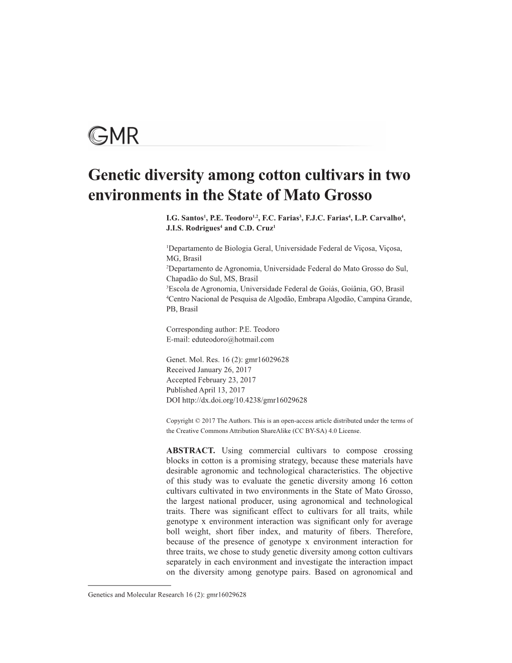 Genetic Diversity Among Cotton Cultivars in Two Environments in the State of Mato Grosso