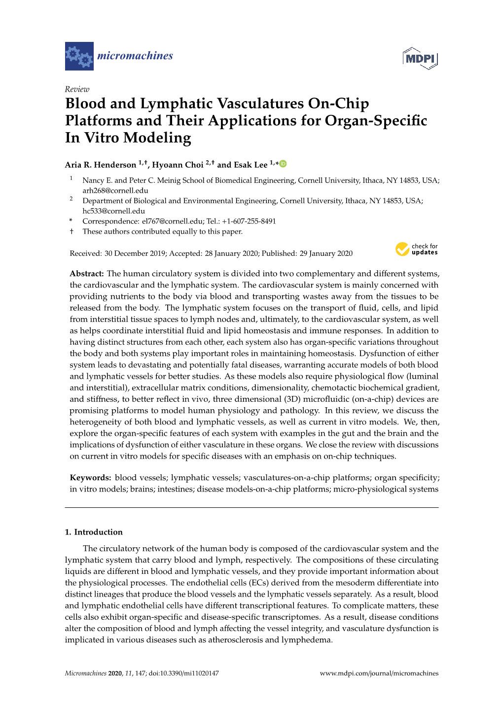 Blood and Lymphatic Vasculatures On-Chip Platforms and Their Applications for Organ-Speciﬁc in Vitro Modeling