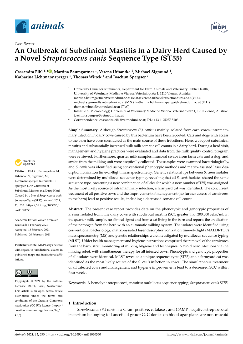 An Outbreak of Subclinical Mastitis in a Dairy Herd Caused by a Novel Streptococcus Canis Sequence Type (ST55)