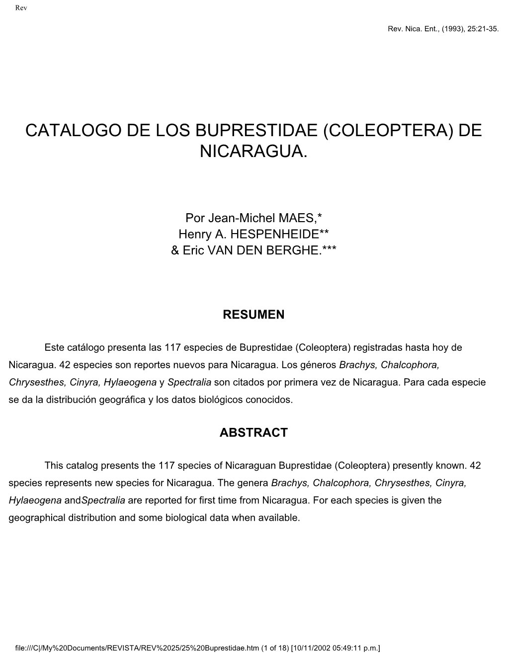 Catalogo De Los Buprestidae (Coleoptera) De Nicaragua