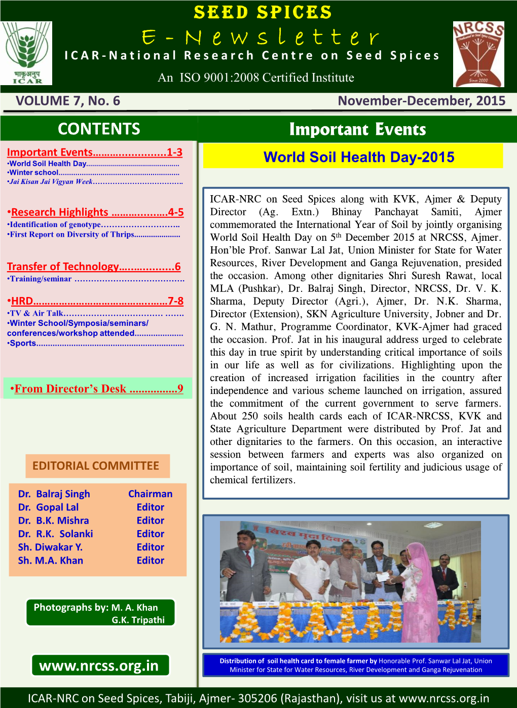 E-Newsletter November-December, 2015 Important Event