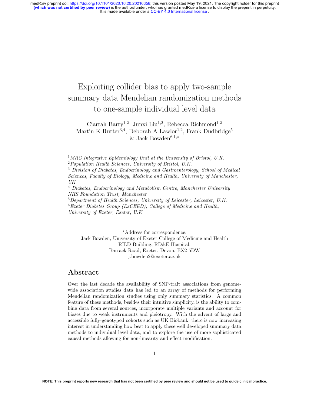 Exploiting Collider Bias to Apply Two-Sample Summary Data Mendelian Randomization Methods to One-Sample Individual Level Data