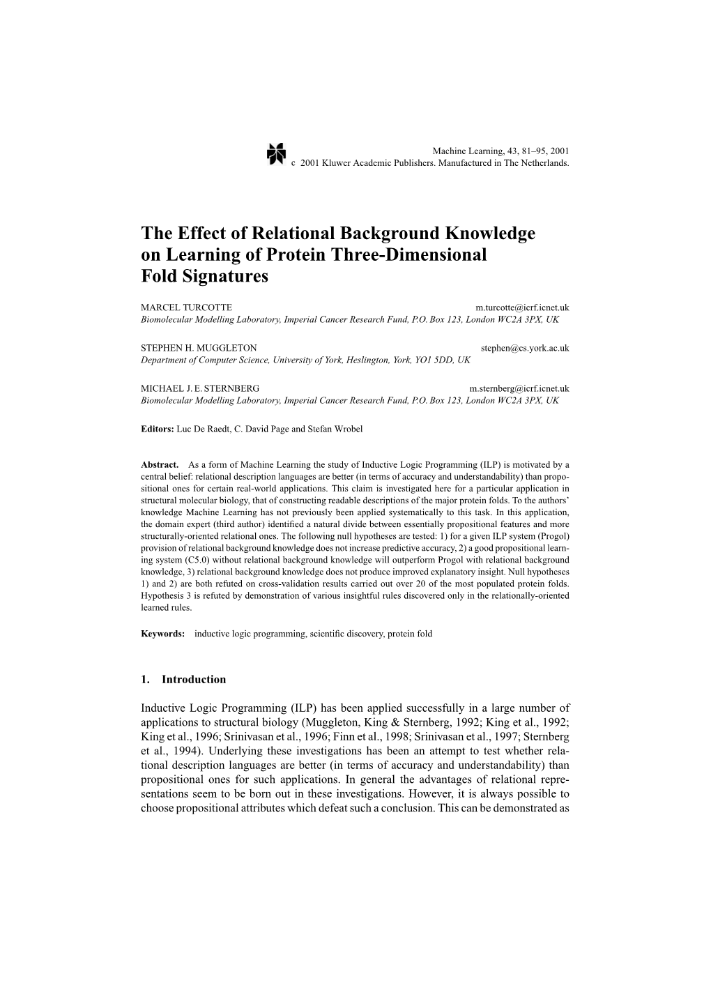 The Effect of Relational Background Knowledge on Learning of Protein Three-Dimensional Fold Signatures