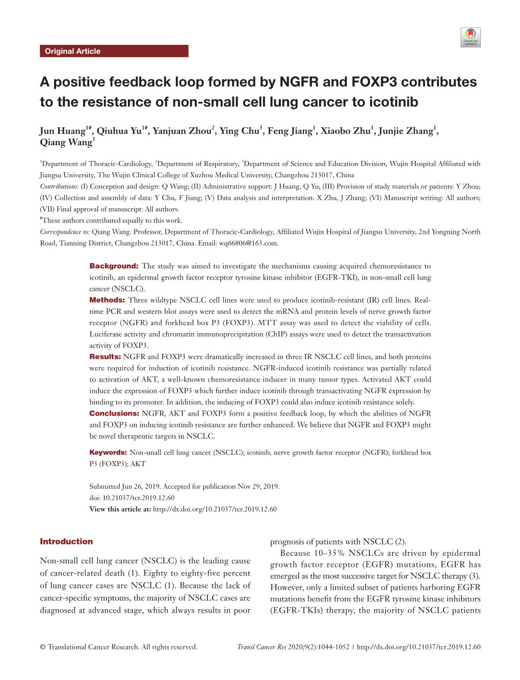 A Positive Feedback Loop Formed by NGFR and FOXP3 Contributes to the Resistance of Non-Small Cell Lung Cancer to Icotinib